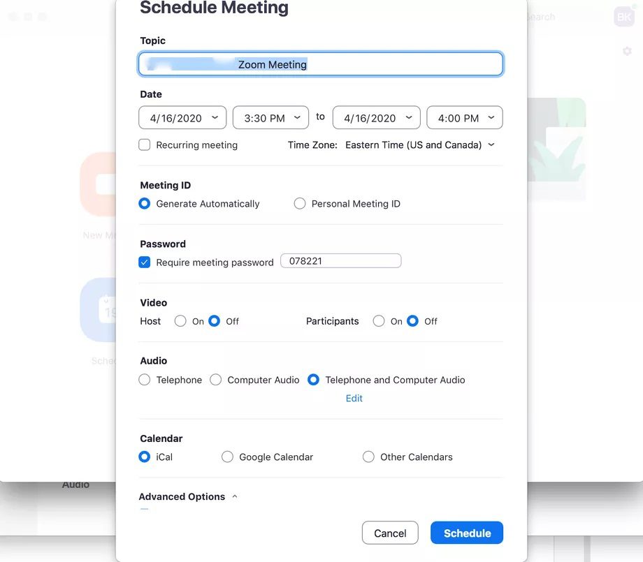 Scheduling meeting in Zoom app